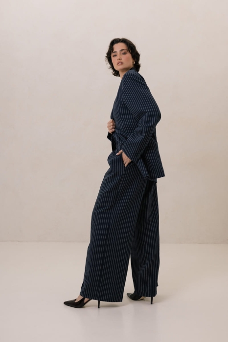 Spodnie Amandy, wełna z lnem, granatowe w prążek