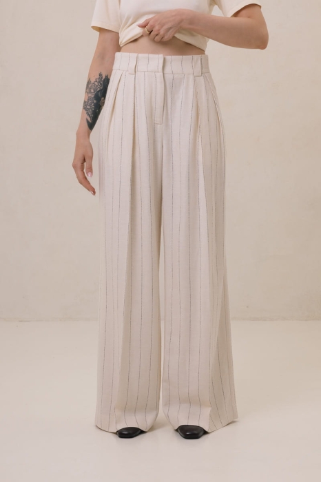 Spodnie Amandy, wiskoza z lnem, kremowe w prążęk