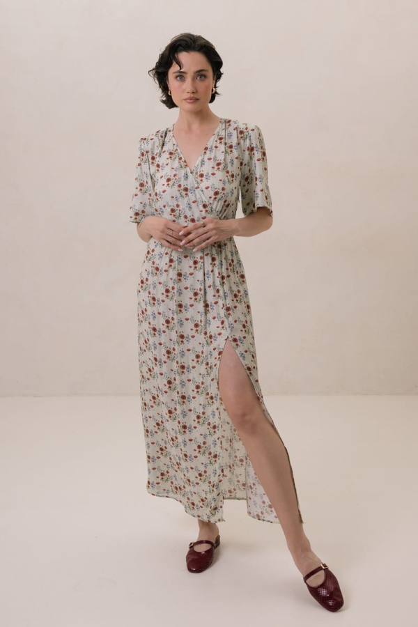 Sukienka kopertowa z wiskozy Poppy, zielone kwiaty