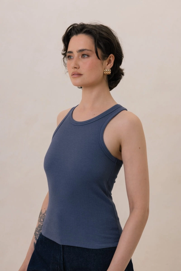 Top bawełniany z bambusem Boxy, niebieski