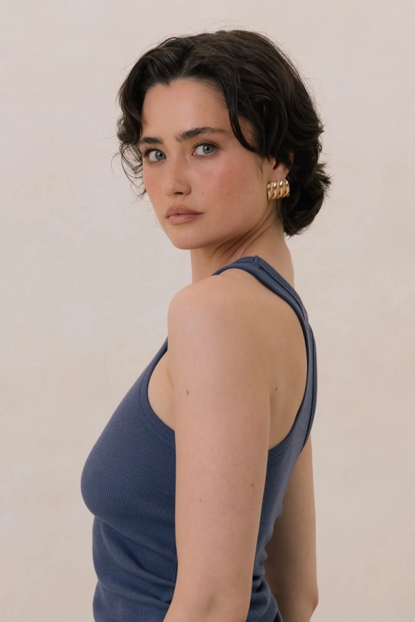 Top bawełniany z bambusem Boxy, niebieski