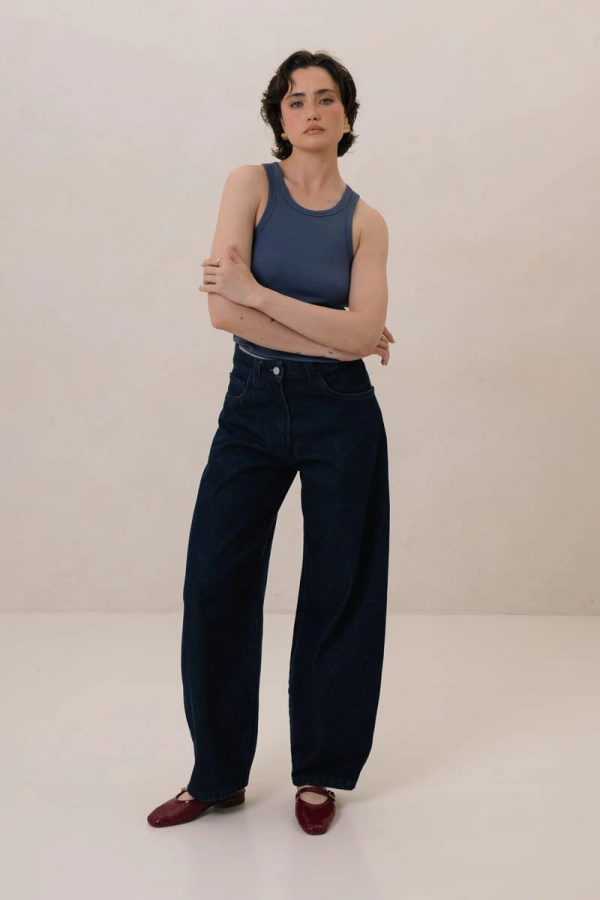 Top bawełniany z bambusem Boxy, niebieski