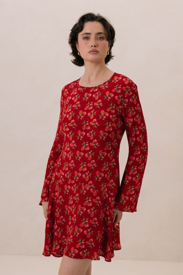 Sukienka Camellia, wiskozowa, czerwona w kwiaty