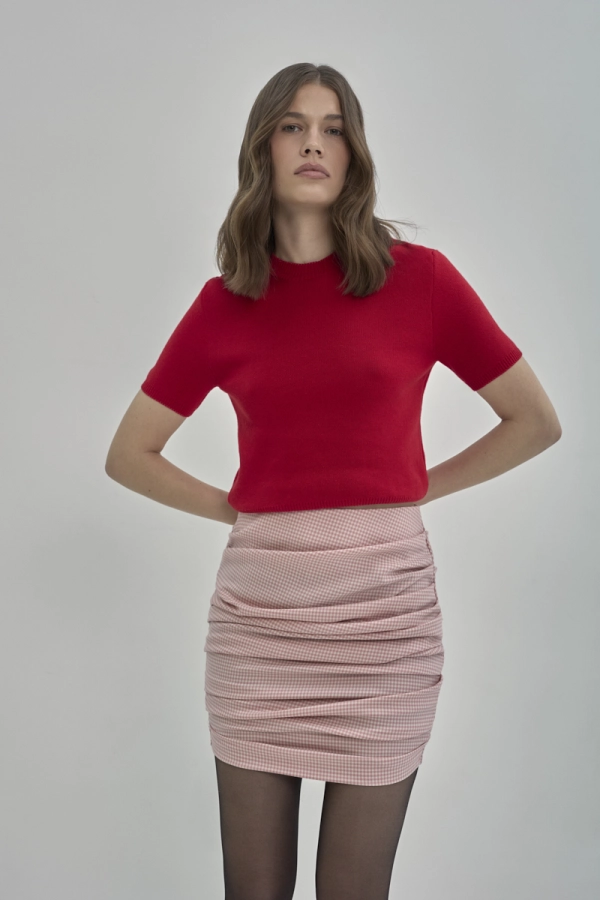 Spódnica wełniana Vaya, w kremowo-różową kratę