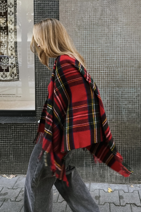 Ponczo Wren, wełniane, czerwone w kratę