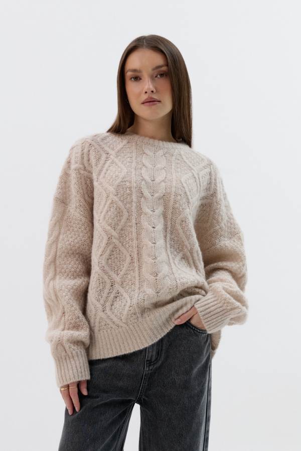 Sweter Ellis, wełniany z warkoczami, beżowy
