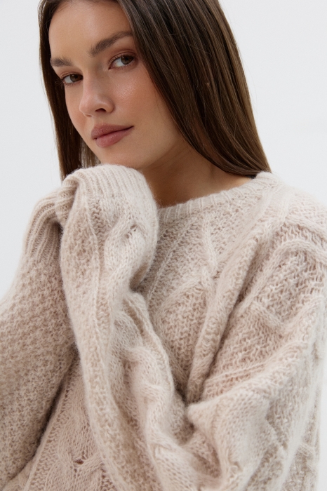 Sweter Ellis, wełniany z warkoczami, beżowy