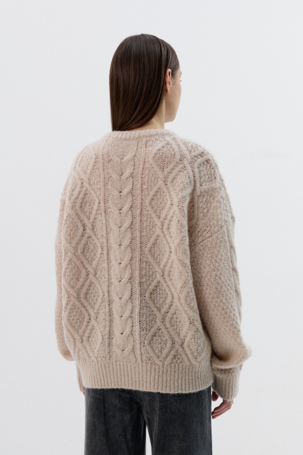 Sweter Ellis, wełniany z warkoczami, beżowy