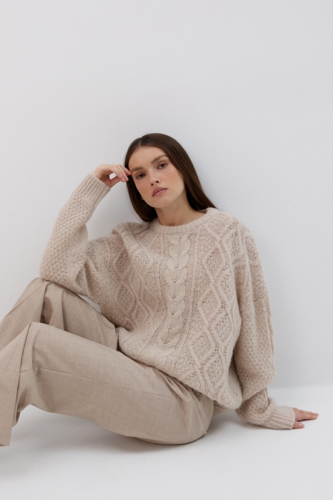 Sweter Ellis, wełniany z warkoczami, beżowy