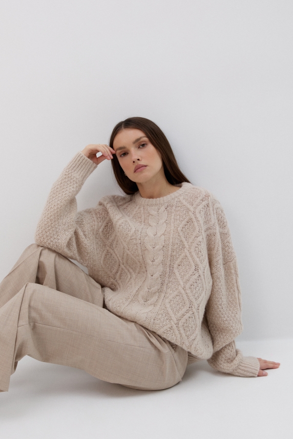 Sweter Ellis, wełniany z warkoczami, beżowy