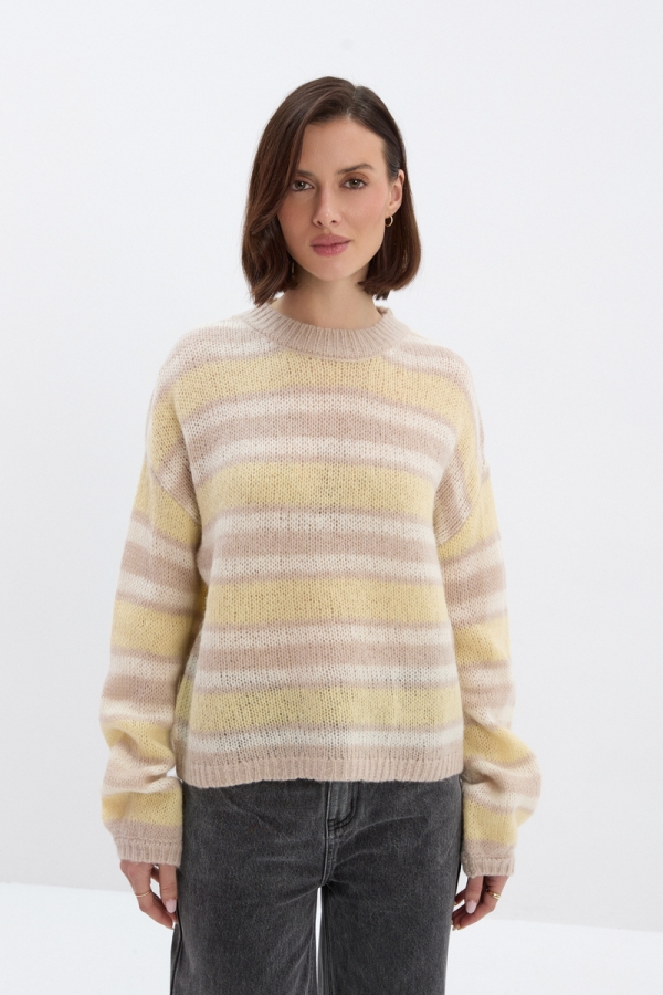 Damski sweter w paski z wełny merino Rachel – przód