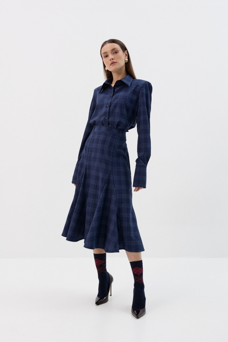 Spódnica z godetami Cora, wełniana, granatowa w kratę