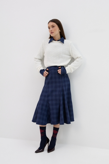 Spódnica z godetami Cora, wełniana, granatowa w kratę
