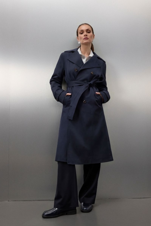 Granatowy trench damski Bridget – elegancki płaszcz bawełniany
