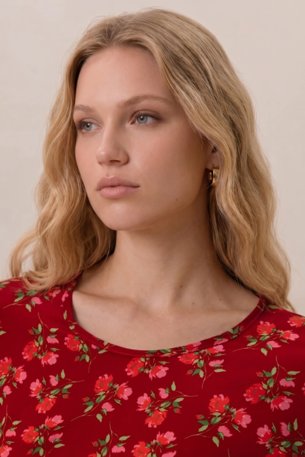 Sukienka Camellia, wiskozowa, czerwona w kwiaty