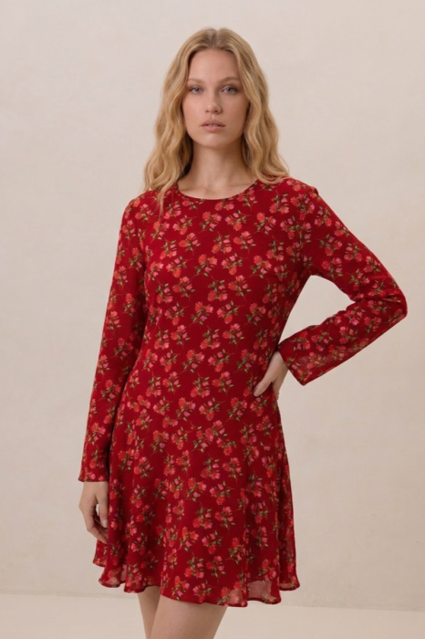 Sukienka Camellia, wiskozowa, czerwona w kwiaty