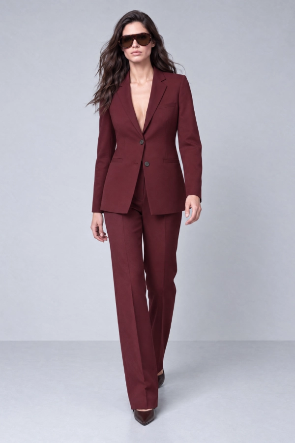 Marynarka wełniana Monika Kaminska w kolorze bordowym – stylizacja total look w ruchu.