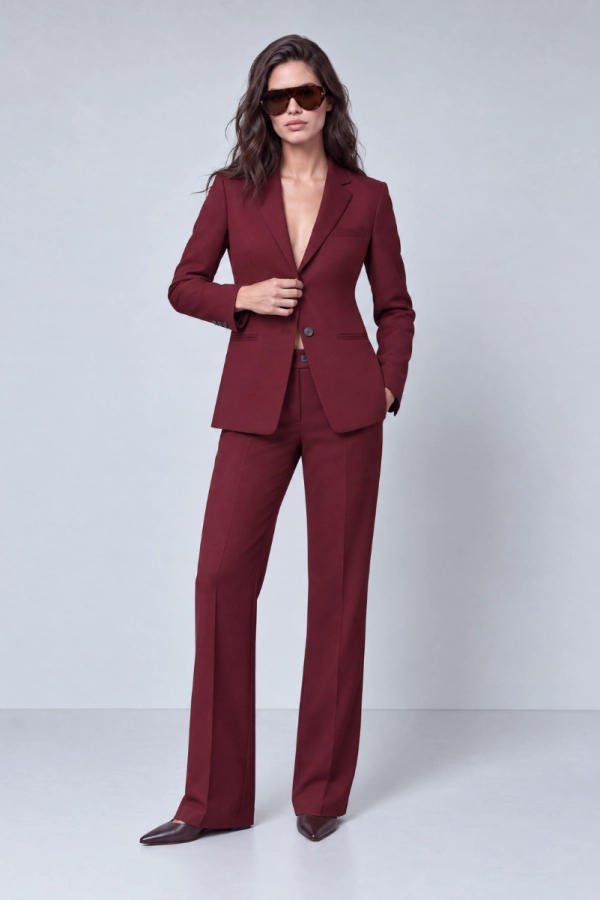Spodnie wełniane Monika Kaminska w kolorze bordowym – stylizacja total look z marynarką Deep.