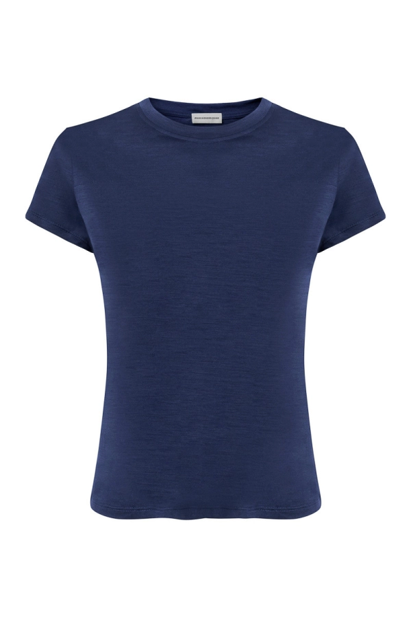 T-shirt Shape Monika Kaminska w kolorze granatowym – widok z przodu. Dopasowany krój, 100% wełna merino z certyfikatem Woolmark.
