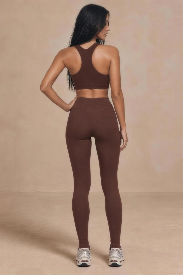 Legginsy sportowe Core V-waist z wełny merino, brązowe – widok z tyłu, komplet z topem sportowym